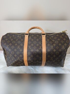 Louis Vuitton Keepall 50 Monogram Canvas Duffel Tan Leather Trim